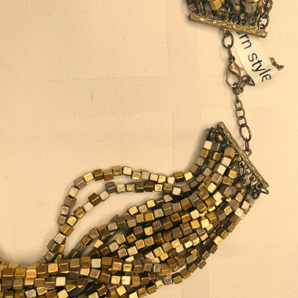 Vintage Multi Strand Metallic Cube Bead Necklace Gold Tone 46–51 cm - Picture 8 of 16